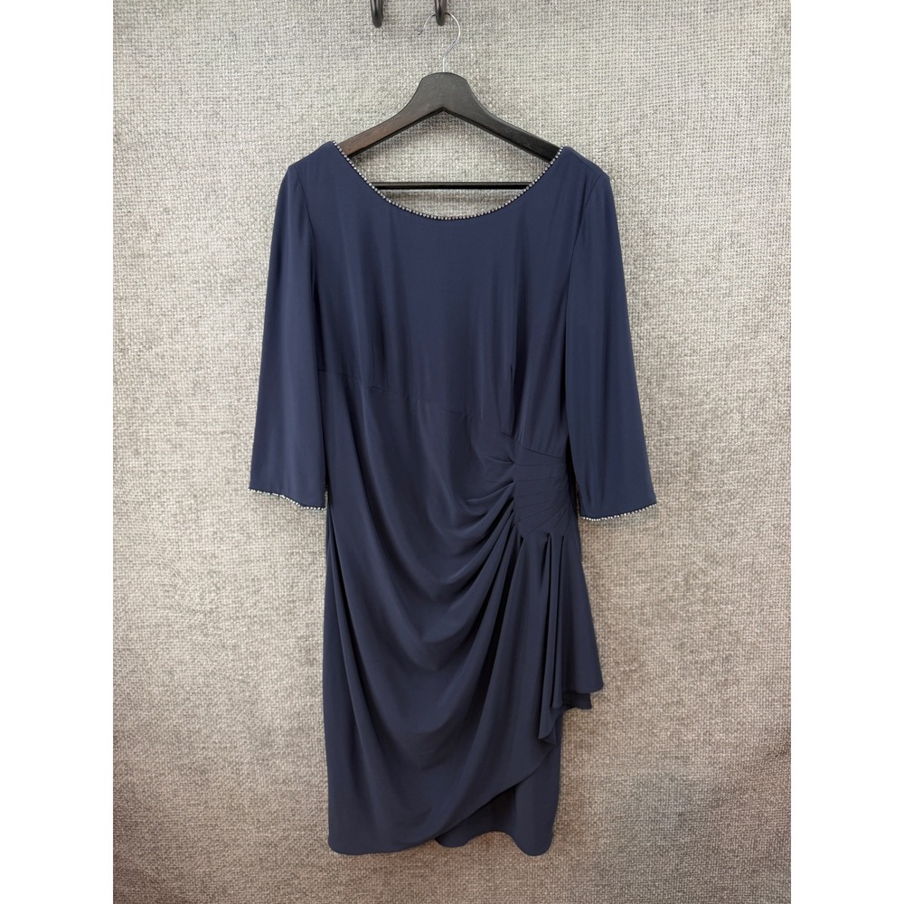 Alex Evenings Cocktail Dress Womens 14 Navy Blue Rhinestone Trim Side Drape